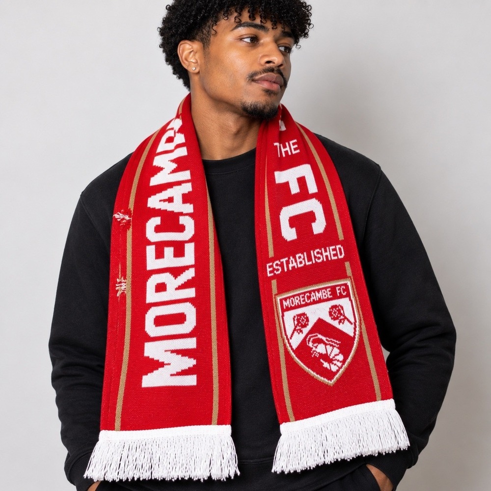 Morecambe FC Football Scarf Red White Knit The Shrimps Soccer Fringe Scarf